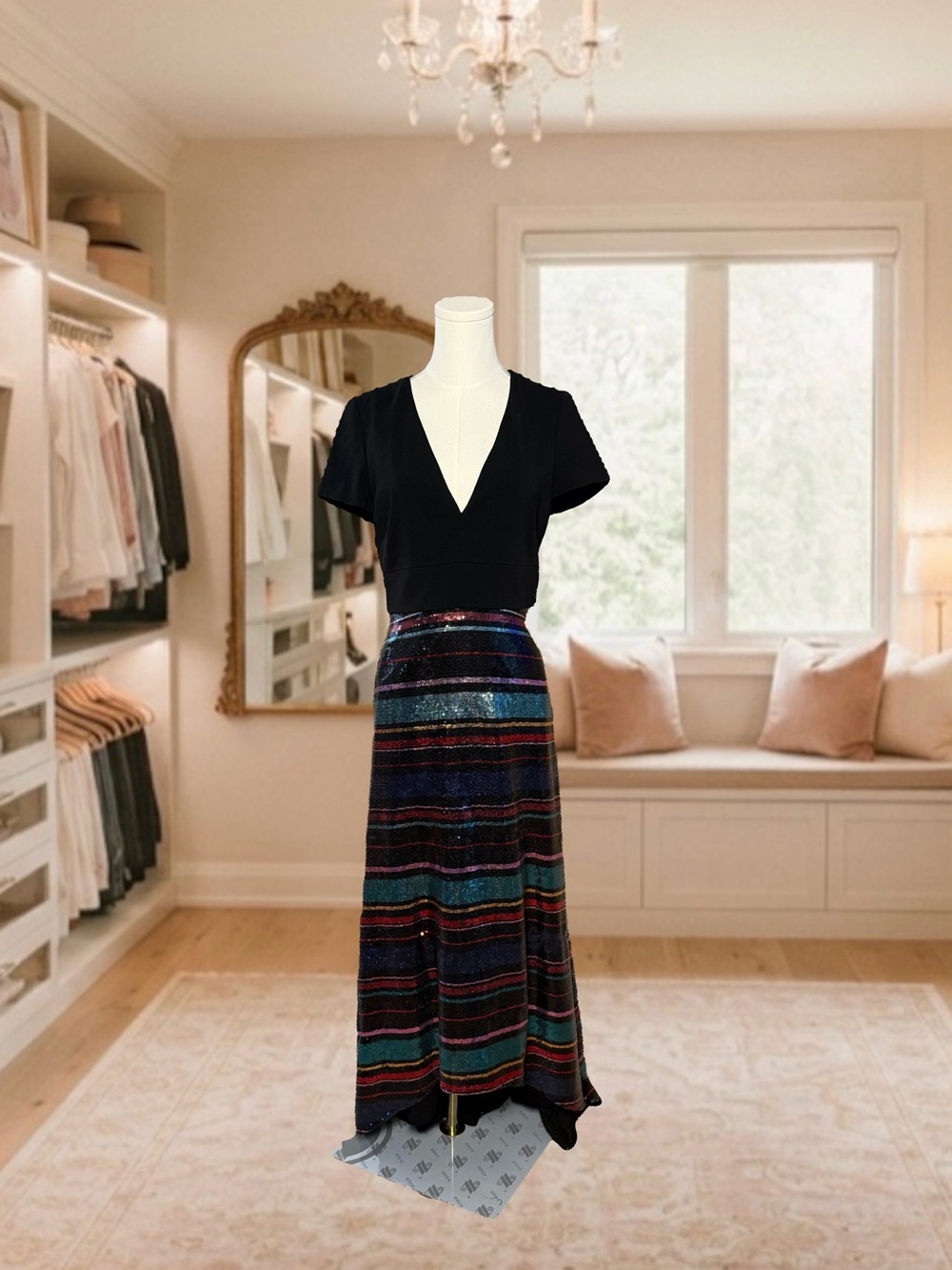 Badgley Mischka Sequin Skirt Gown High-Low Skirt Multicolor